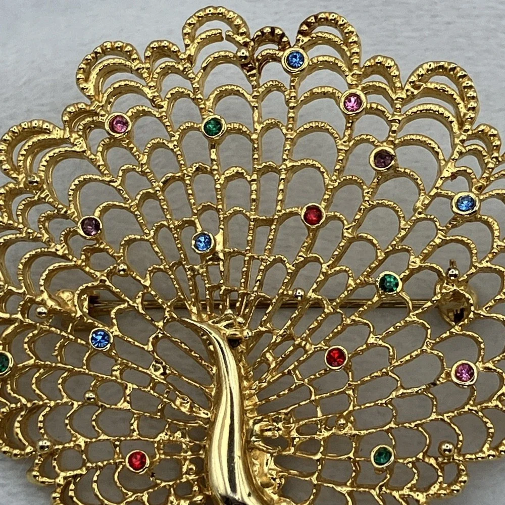 Large Gold Tone Colorful Crystal Peacock Brooch Statement Maximalist Coat Pin